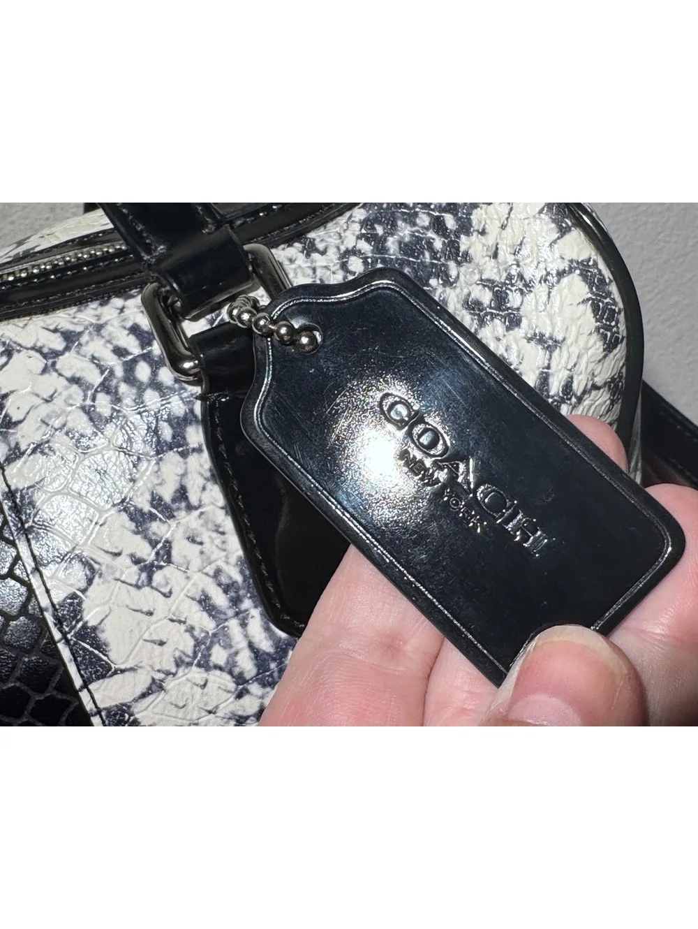 Coach Nancy Satchel 2014 Python Embossed Cowhide Leather Black White Patent